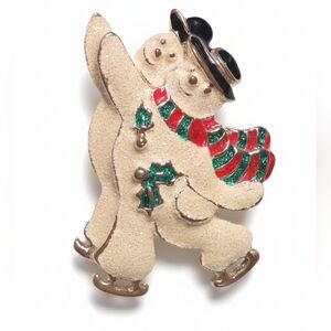 Ice Skating Snowmen Brooch with Scarf Accent